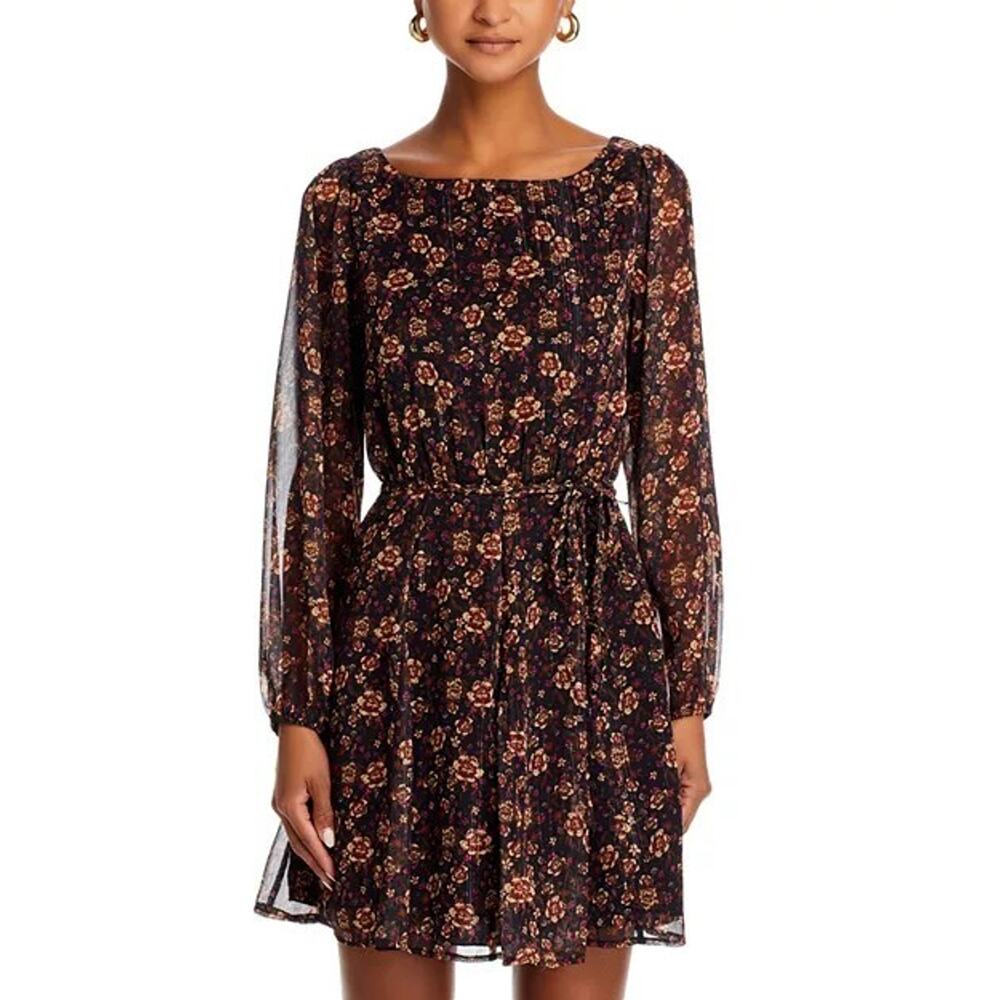 Koko Mason Floral Mini Dress XS Sheer Sleeve Lined Tie Waist Boho Fall NWT